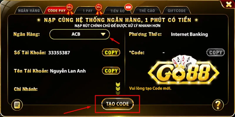 Giao diện nạp tiền Go88 chính thức 